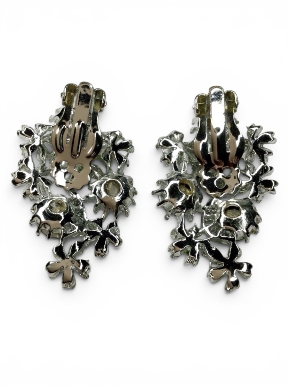 Vtg 1960s Silver‑Tone Paisley Clip‑On Earrings – AB Rhinestones & Enamel Flowers - Picture 11 of 12
